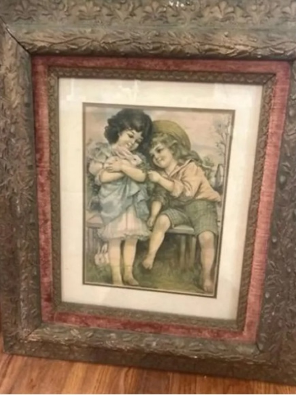 Antique lithograph boy‎ & girl titled Peter Rabbit